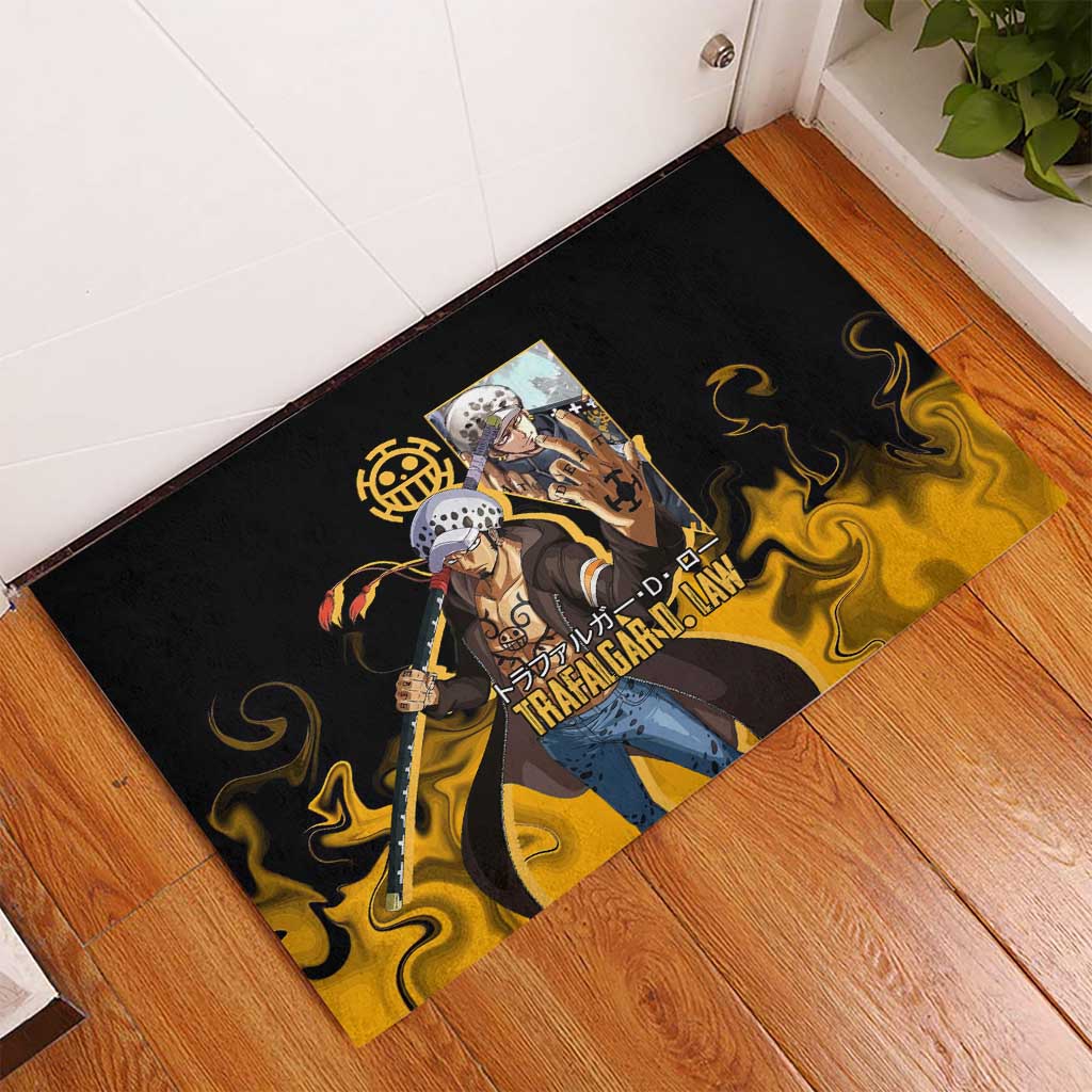Trafalgar D. Law One Piece Black and Yellow Theme Rubber Doormat with Heart Pirates Symbol and Flame Pattern Design - The Mazicc