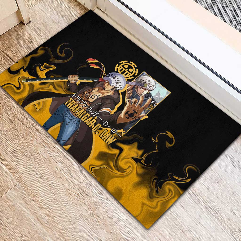 Trafalgar D. Law One Piece Black and Yellow Theme Rubber Doormat with Heart Pirates Symbol and Flame Pattern Design - The Mazicc