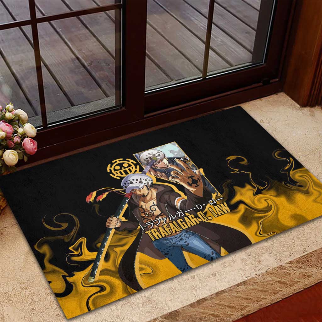 Trafalgar D. Law One Piece Black and Yellow Theme Rubber Doormat with Heart Pirates Symbol and Flame Pattern Design - The Mazicc