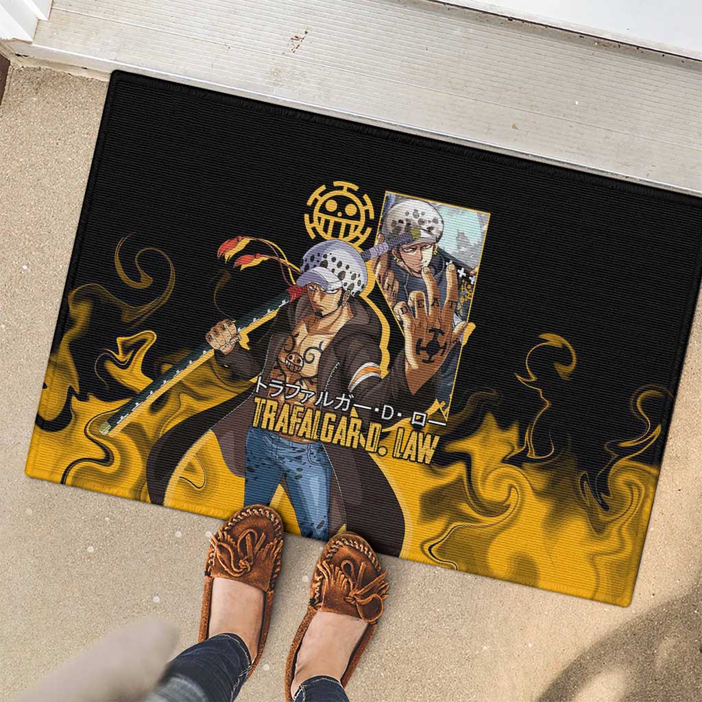 Trafalgar D. Law One Piece Black and Yellow Theme Rubber Doormat with Heart Pirates Symbol and Flame Pattern Design - The Mazicc