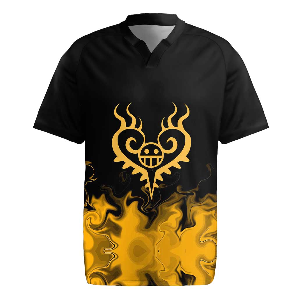 Trafalgar D. Law One Piece Black and Yellow Theme Rugby Jersey with Heart Pirates Symbol and Flame Pattern Design - The Mazicc