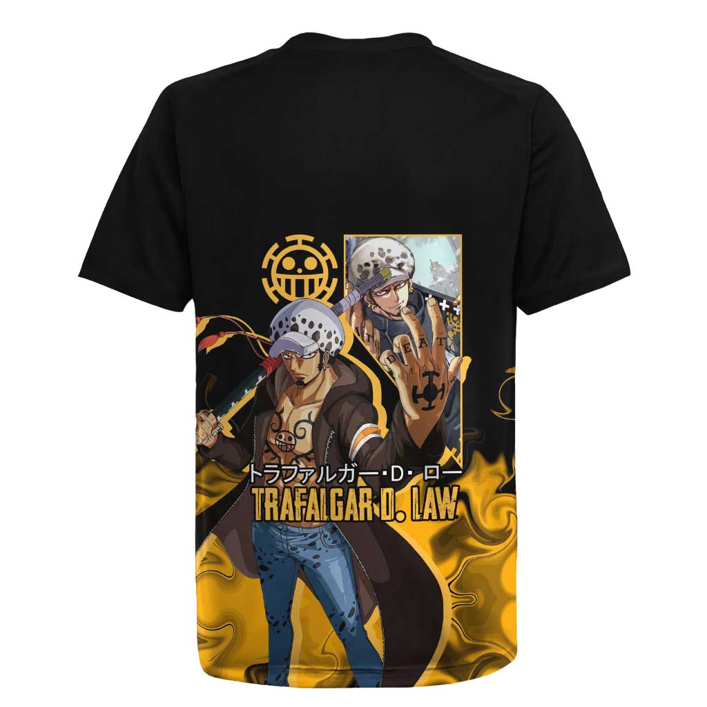 Trafalgar D. Law One Piece Black and Yellow Theme Rugby Jersey with Heart Pirates Symbol and Flame Pattern Design - The Mazicc