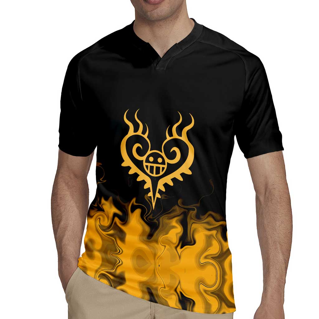 Trafalgar D. Law One Piece Black and Yellow Theme Rugby Jersey with Heart Pirates Symbol and Flame Pattern Design - The Mazicc