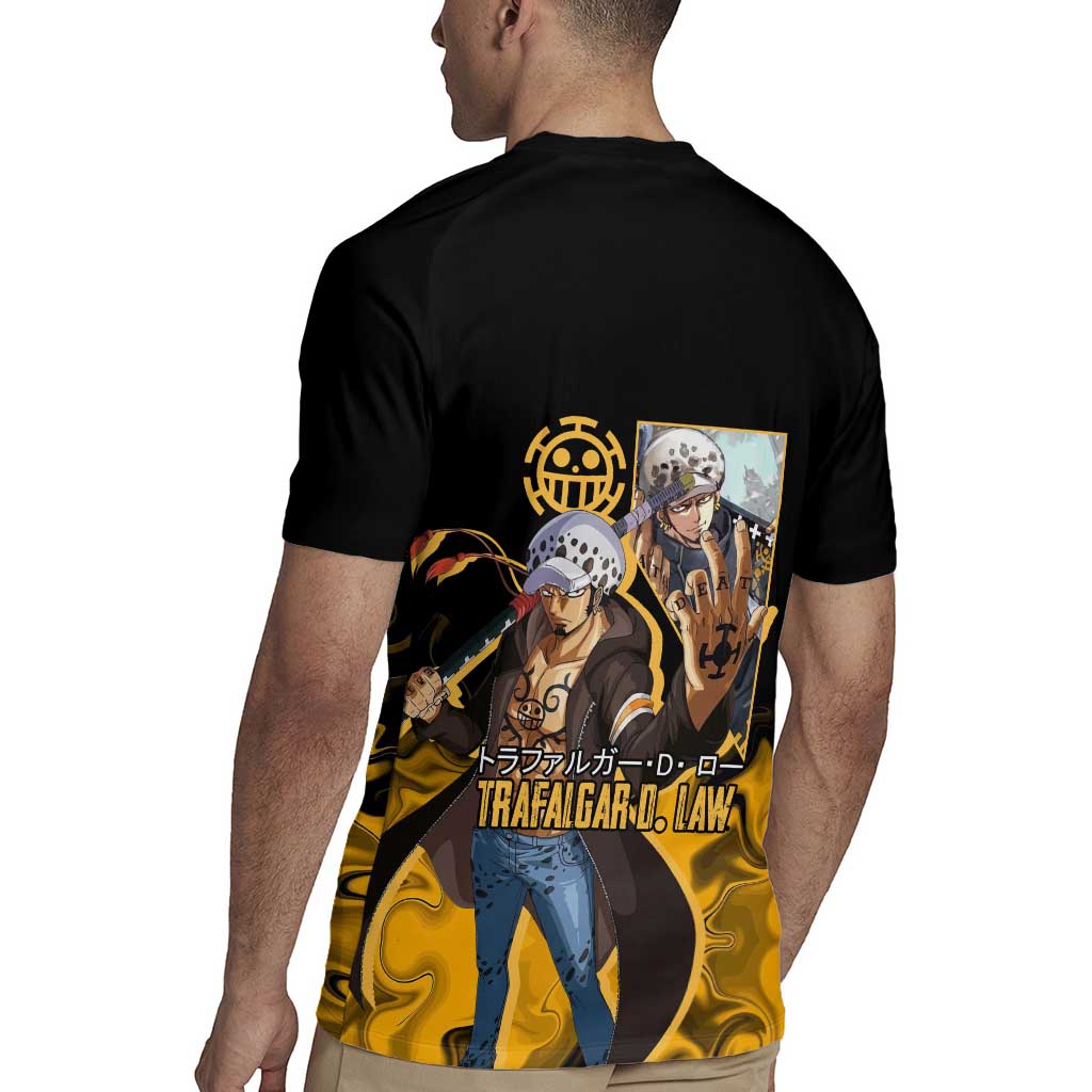 Trafalgar D. Law One Piece Black and Yellow Theme Rugby Jersey with Heart Pirates Symbol and Flame Pattern Design - The Mazicc