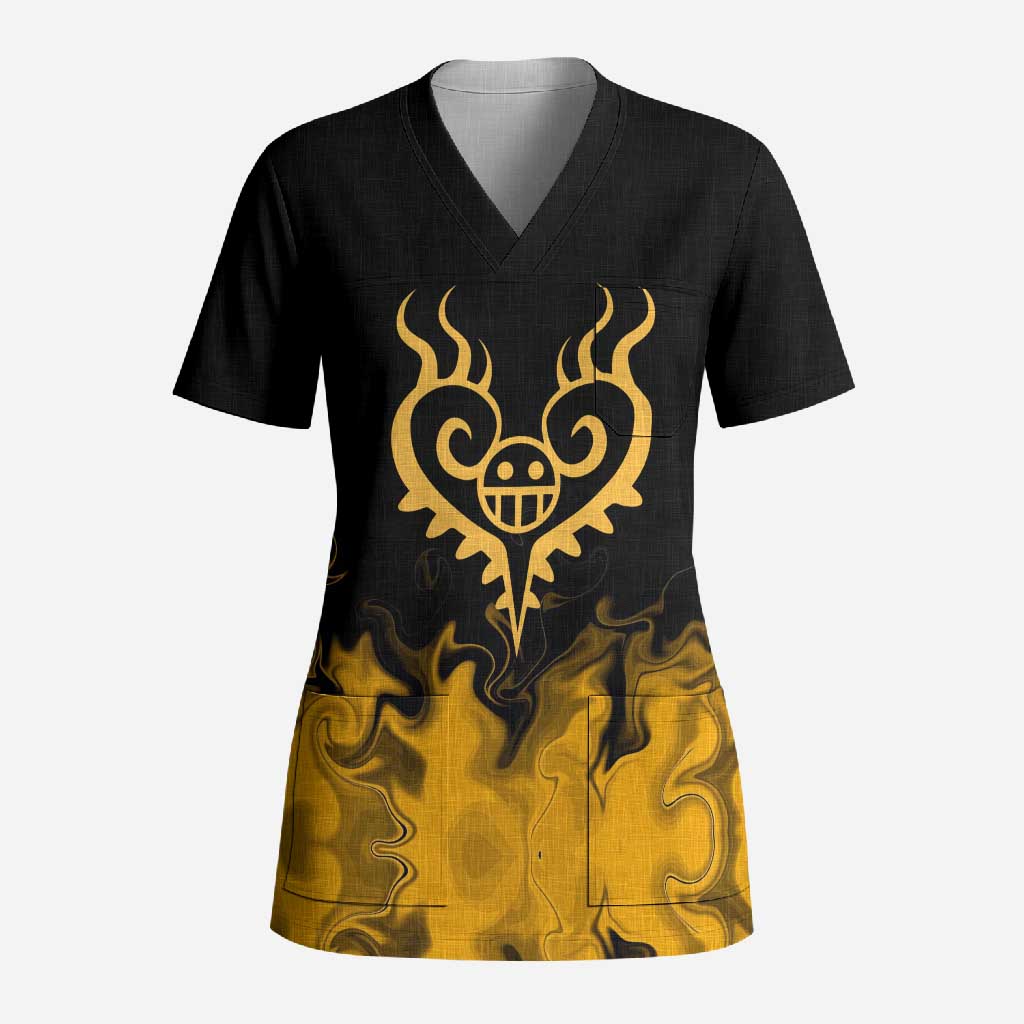 Trafalgar D. Law One Piece Black and Yellow Theme Scrub Top with Heart Pirates Symbol and Flame Pattern Design - The Mazicc
