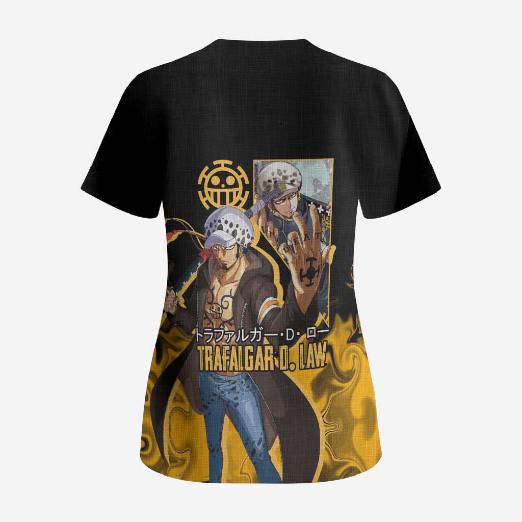 Trafalgar D. Law One Piece Black and Yellow Theme Scrub Top with Heart Pirates Symbol and Flame Pattern Design - The Mazicc