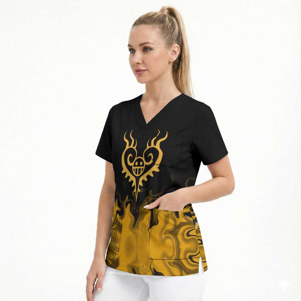 Trafalgar D. Law One Piece Black and Yellow Theme Scrub Top with Heart Pirates Symbol and Flame Pattern Design - The Mazicc