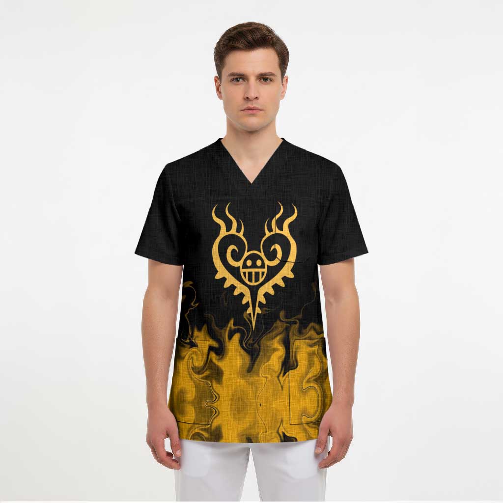 Trafalgar D. Law One Piece Black and Yellow Theme Scrub Top with Heart Pirates Symbol and Flame Pattern Design - The Mazicc
