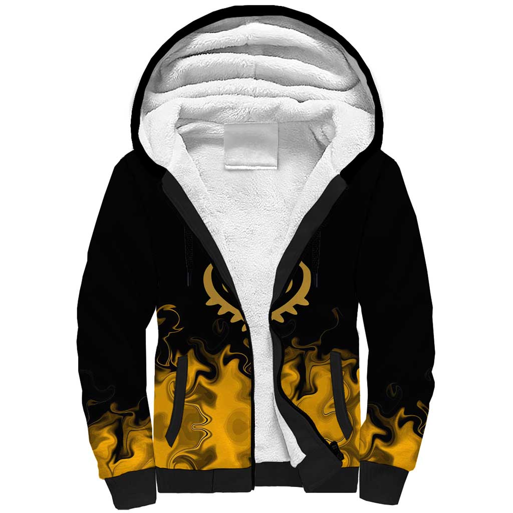 Trafalgar D. Law One Piece Black and Yellow Theme Sherpa Hoodie with Heart Pirates Symbol and Flame Pattern Design - The Mazicc