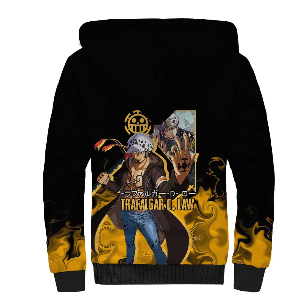 Trafalgar D. Law One Piece Black and Yellow Theme Sherpa Hoodie with Heart Pirates Symbol and Flame Pattern Design - The Mazicc