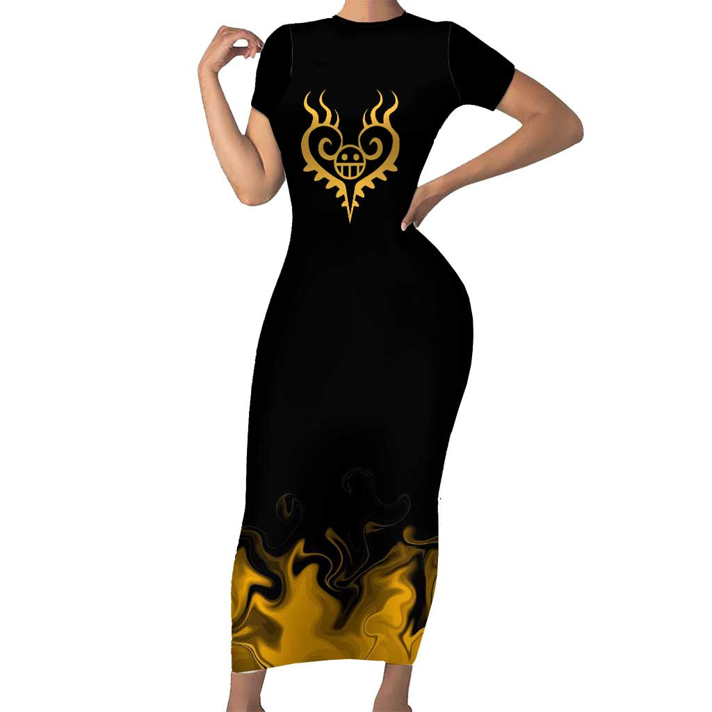 Trafalgar D. Law One Piece Black and Yellow Theme Short Sleeve Bodycon Dress with Heart Pirates Symbol and Flame Pattern Design - The Mazicc
