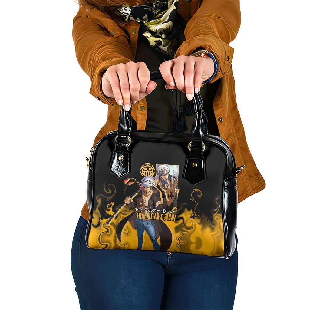 Trafalgar D. Law One Piece Black and Yellow Theme Shoulder Handbag with Heart Pirates Symbol and Flame Pattern Design - The Mazicc