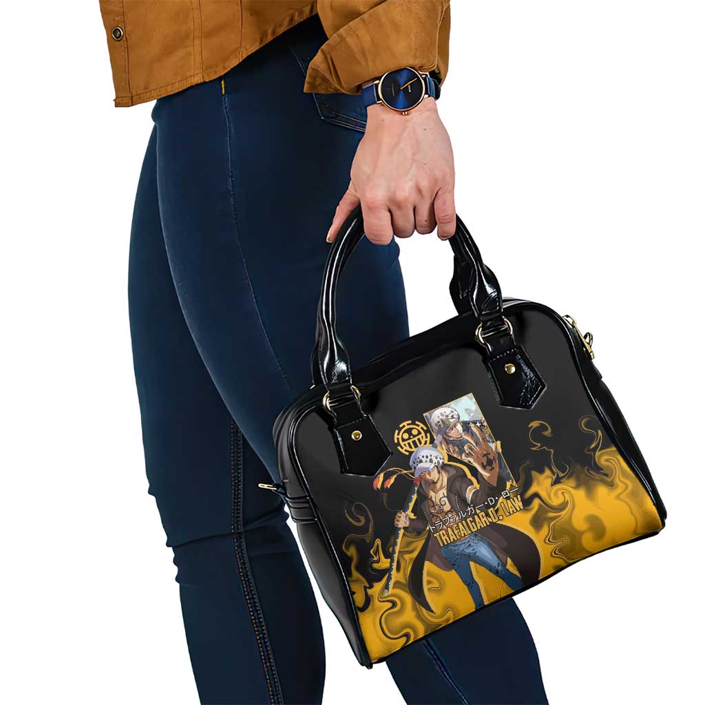 Trafalgar D. Law One Piece Black and Yellow Theme Shoulder Handbag with Heart Pirates Symbol and Flame Pattern Design - The Mazicc
