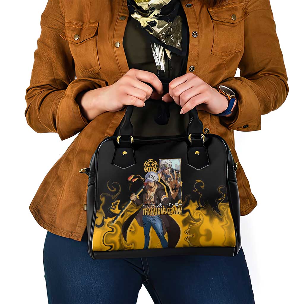 Trafalgar D. Law One Piece Black and Yellow Theme Shoulder Handbag with Heart Pirates Symbol and Flame Pattern Design - The Mazicc