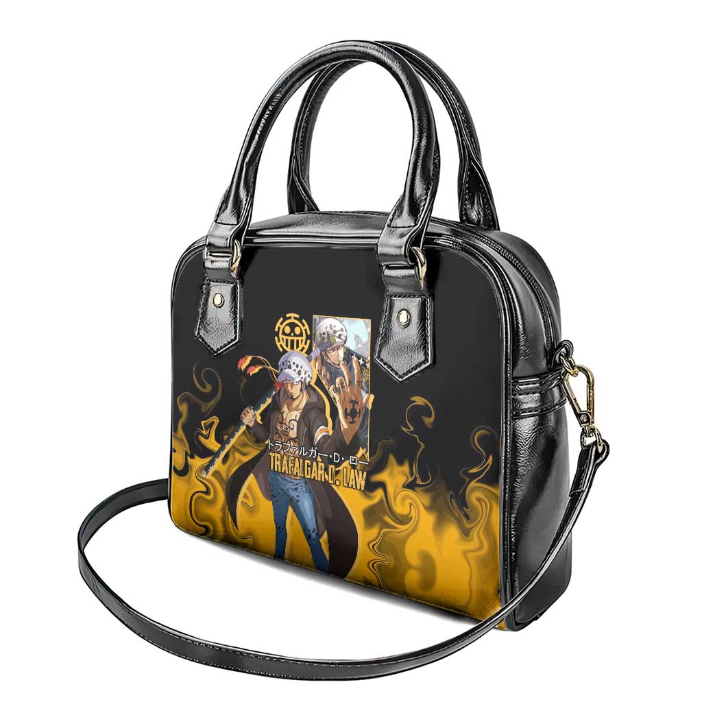 Trafalgar D. Law One Piece Black and Yellow Theme Shoulder Handbag with Heart Pirates Symbol and Flame Pattern Design - The Mazicc