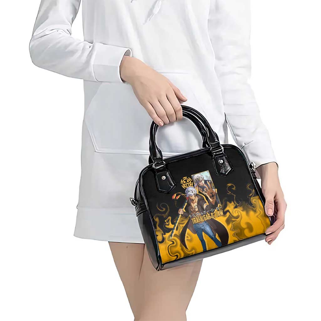 Trafalgar D. Law One Piece Black and Yellow Theme Shoulder Handbag with Heart Pirates Symbol and Flame Pattern Design - The Mazicc
