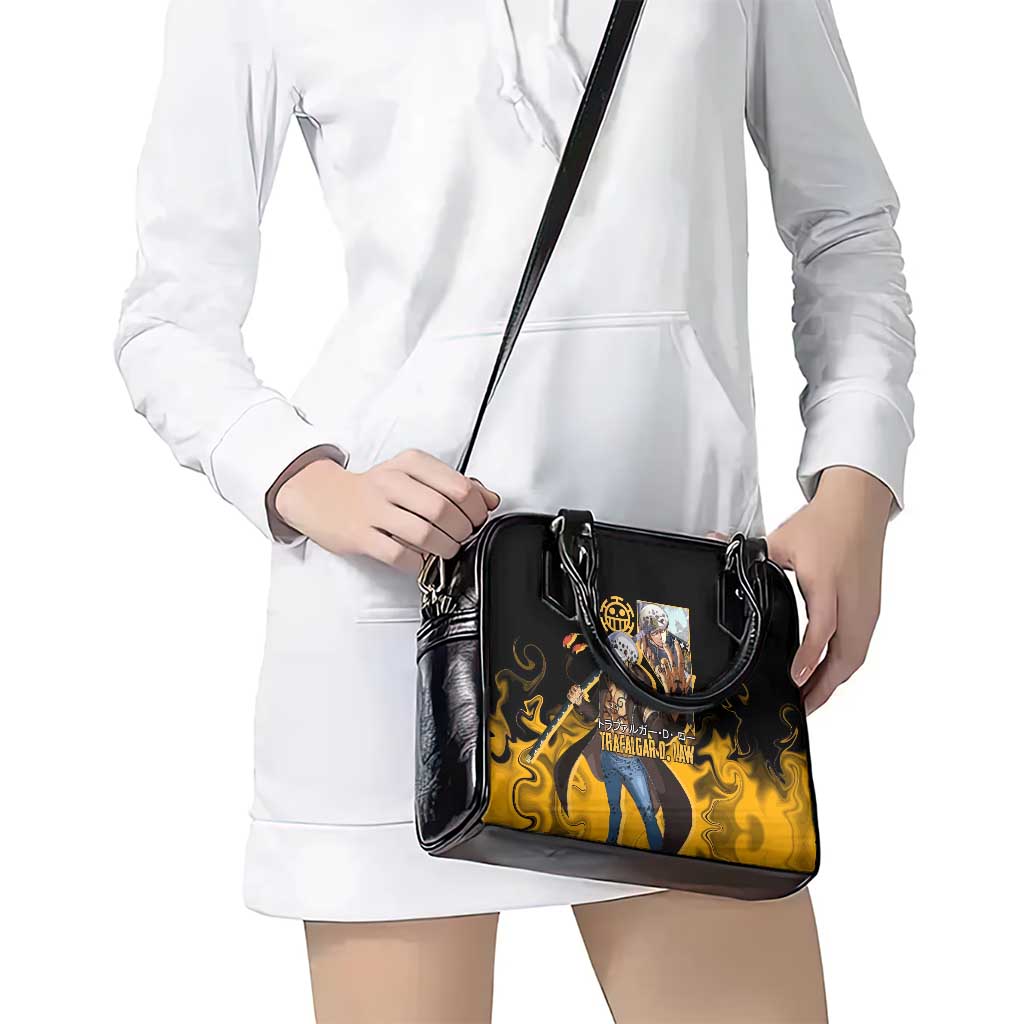 Trafalgar D. Law One Piece Black and Yellow Theme Shoulder Handbag with Heart Pirates Symbol and Flame Pattern Design - The Mazicc