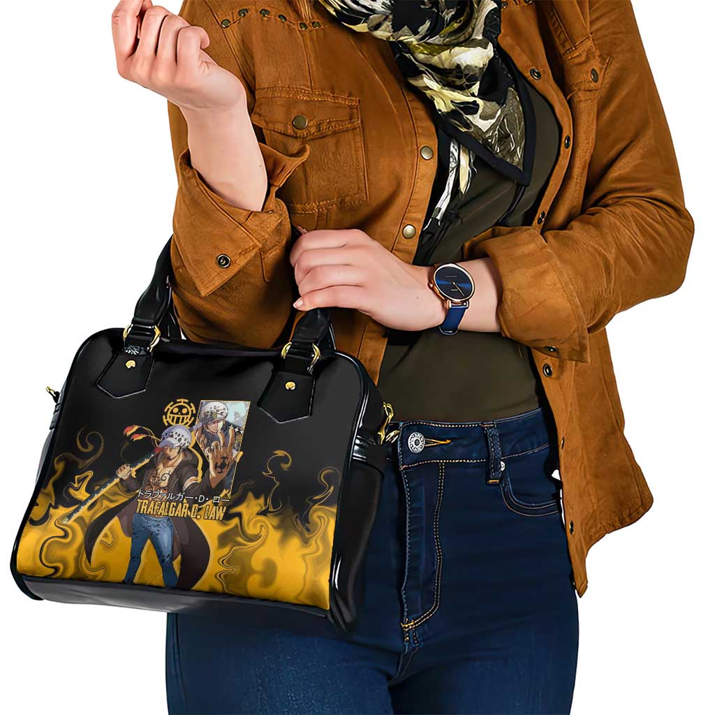 Trafalgar D. Law One Piece Black and Yellow Theme Shoulder Handbag with Heart Pirates Symbol and Flame Pattern Design - The Mazicc