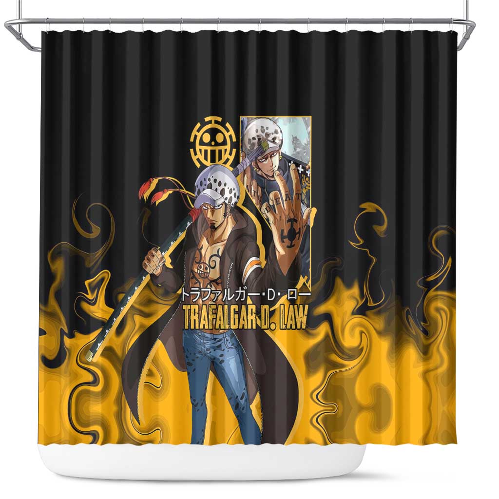 Trafalgar D. Law One Piece Black and Yellow Theme Shower Curtain with Heart Pirates Symbol and Flame Pattern Design - The Mazicc