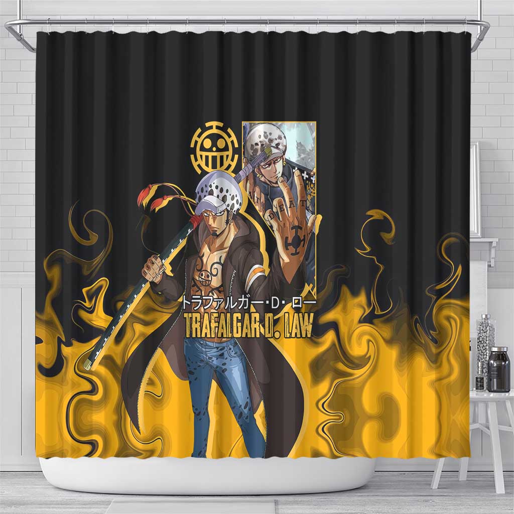 Trafalgar D. Law One Piece Black and Yellow Theme Shower Curtain with Heart Pirates Symbol and Flame Pattern Design - The Mazicc