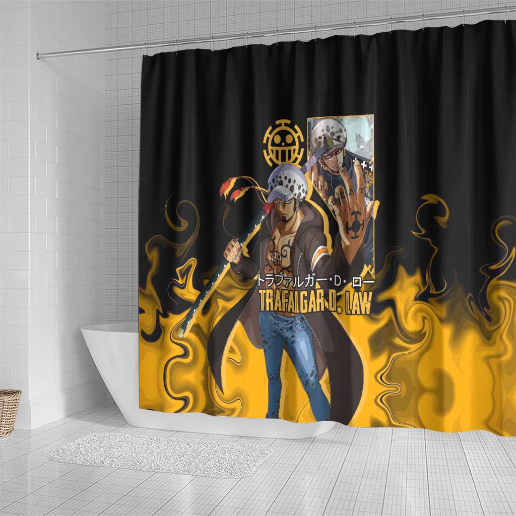Trafalgar D. Law One Piece Black and Yellow Theme Shower Curtain with Heart Pirates Symbol and Flame Pattern Design - The Mazicc