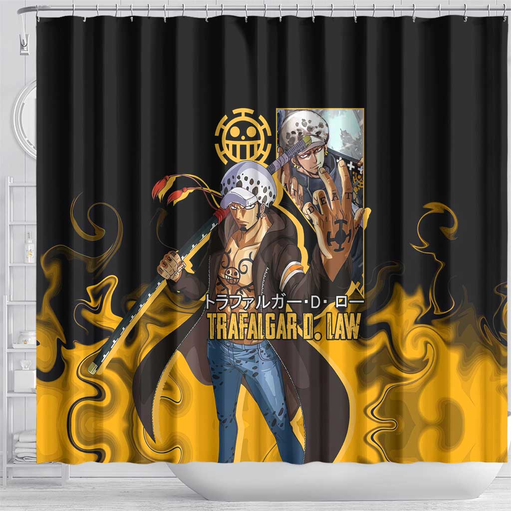 Trafalgar D. Law One Piece Black and Yellow Theme Shower Curtain with Heart Pirates Symbol and Flame Pattern Design - The Mazicc