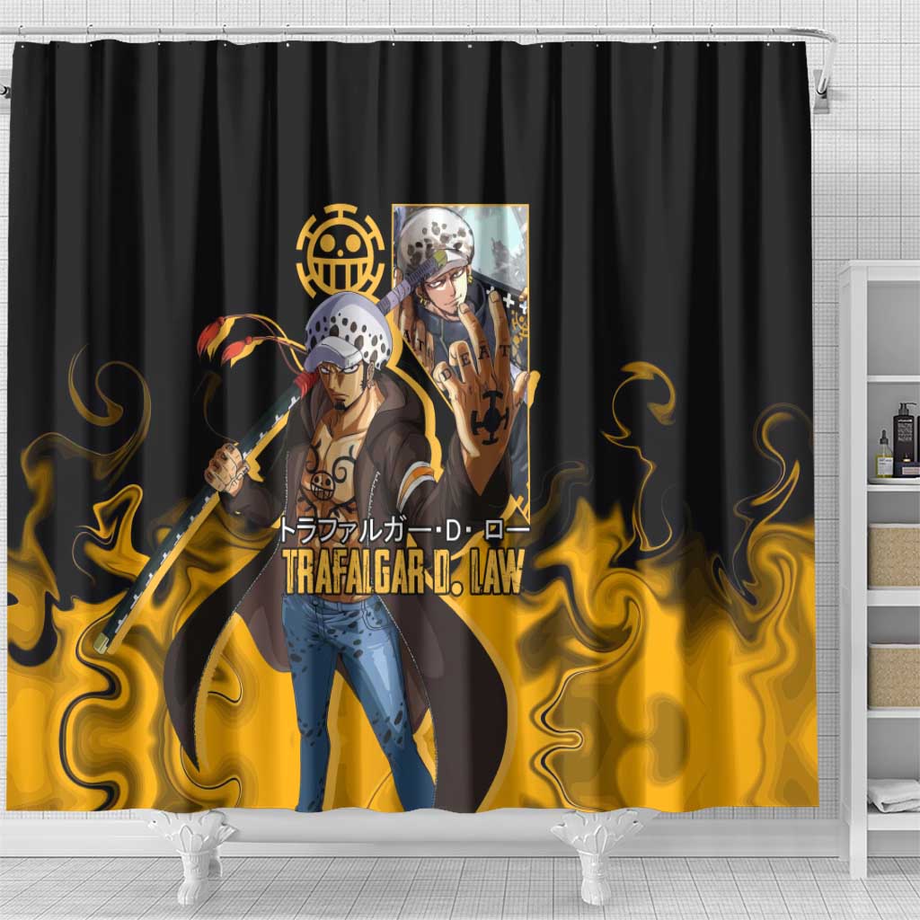 Trafalgar D. Law One Piece Black and Yellow Theme Shower Curtain with Heart Pirates Symbol and Flame Pattern Design - The Mazicc