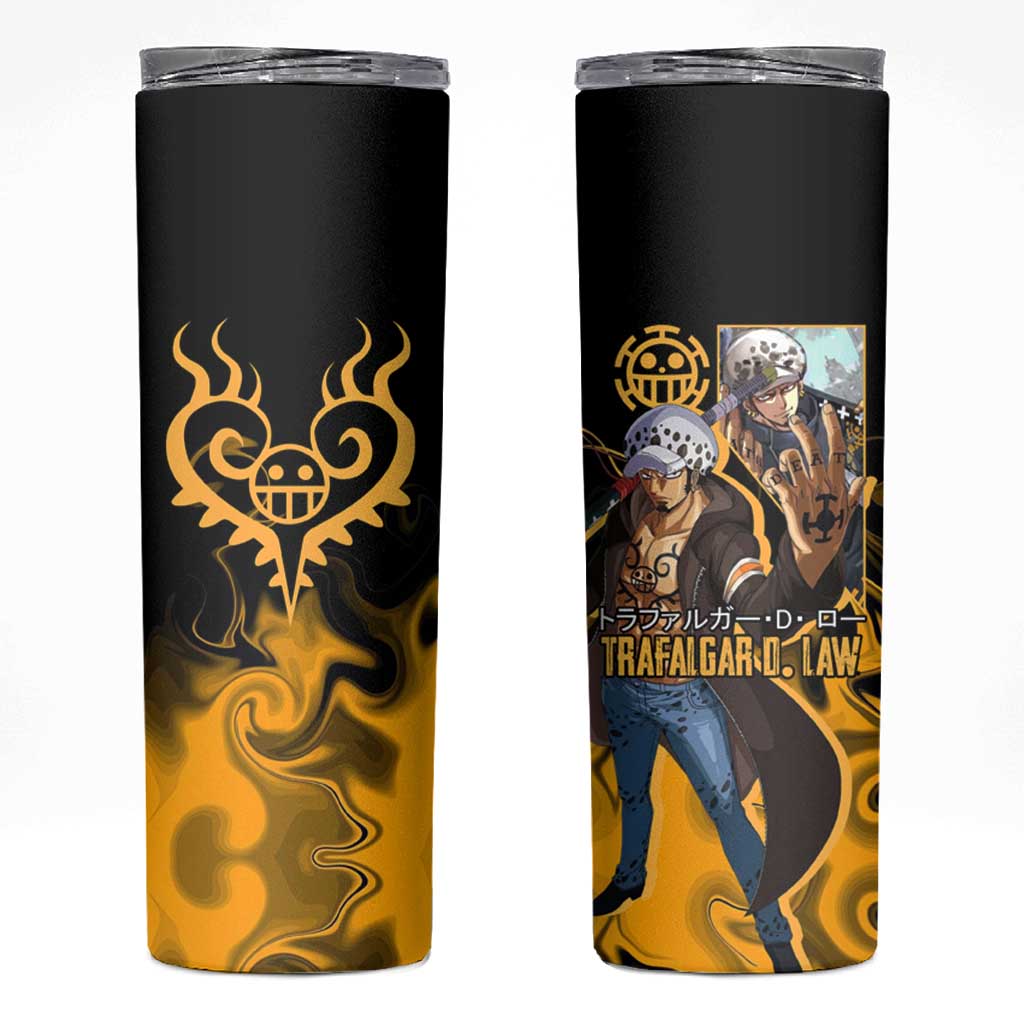Trafalgar D. Law One Piece Black and Yellow Theme Skinny Tumbler with Heart Pirates Symbol and Flame Pattern Design - The Mazicc