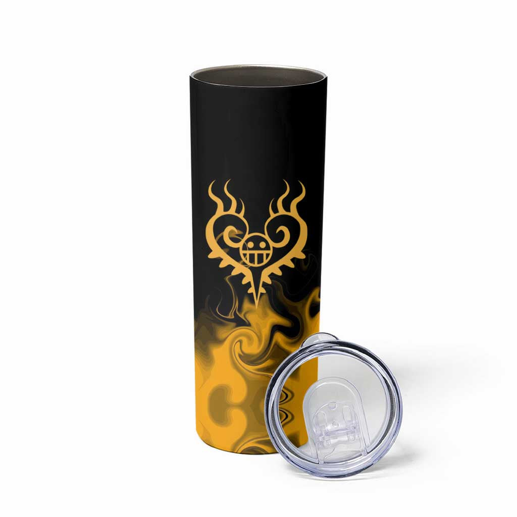 Trafalgar D. Law One Piece Black and Yellow Theme Skinny Tumbler with Heart Pirates Symbol and Flame Pattern Design - The Mazicc