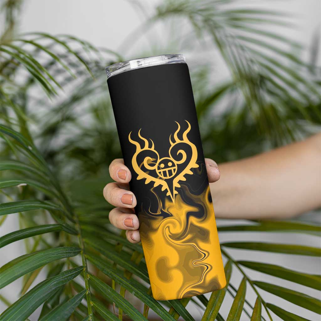 Trafalgar D. Law One Piece Black and Yellow Theme Skinny Tumbler with Heart Pirates Symbol and Flame Pattern Design - The Mazicc