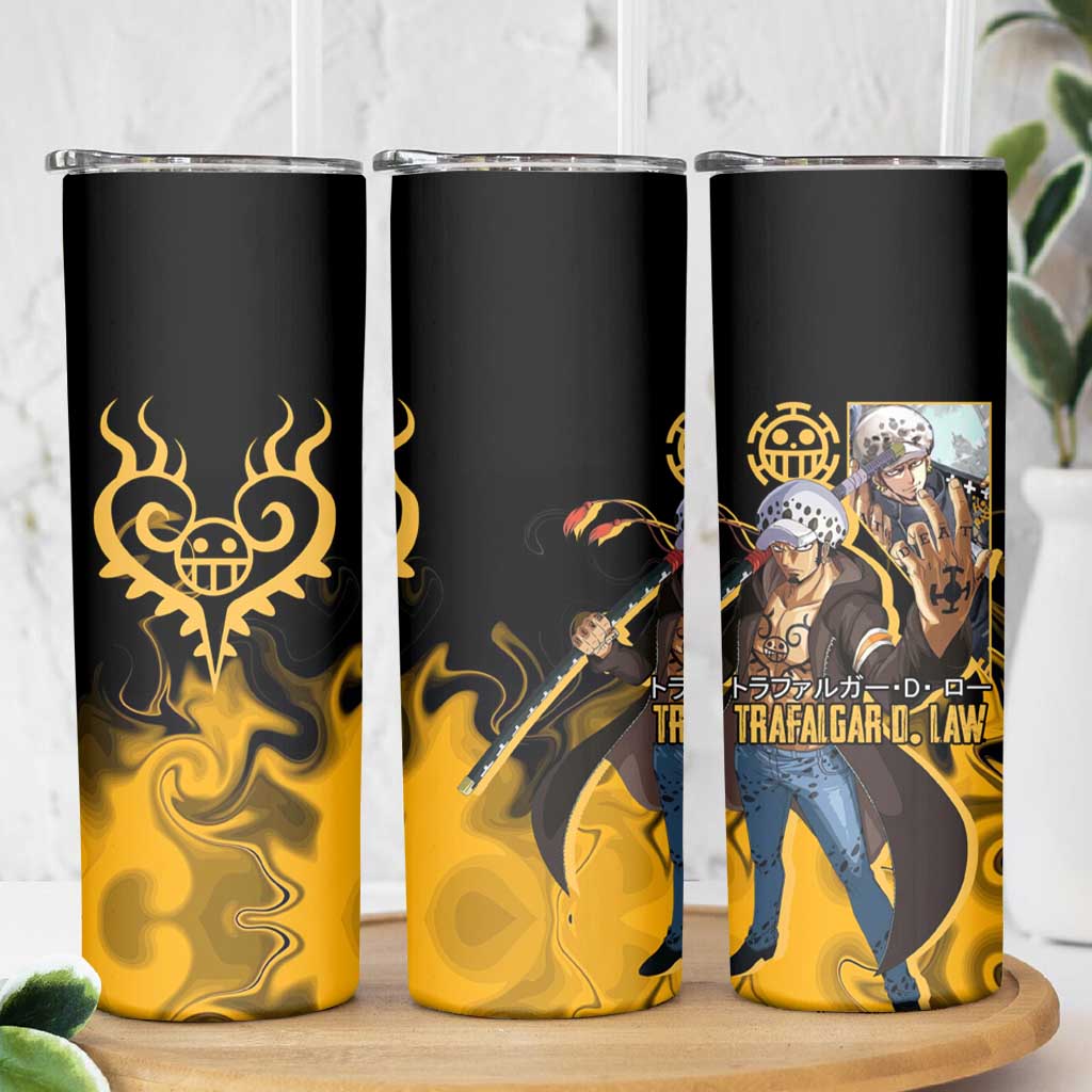 Trafalgar D. Law One Piece Black and Yellow Theme Skinny Tumbler with Heart Pirates Symbol and Flame Pattern Design - The Mazicc