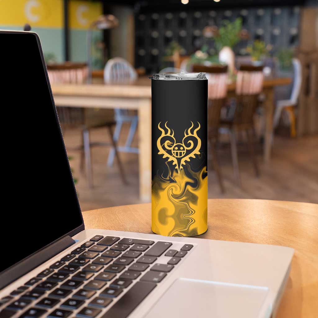 Trafalgar D. Law One Piece Black and Yellow Theme Skinny Tumbler with Heart Pirates Symbol and Flame Pattern Design - The Mazicc
