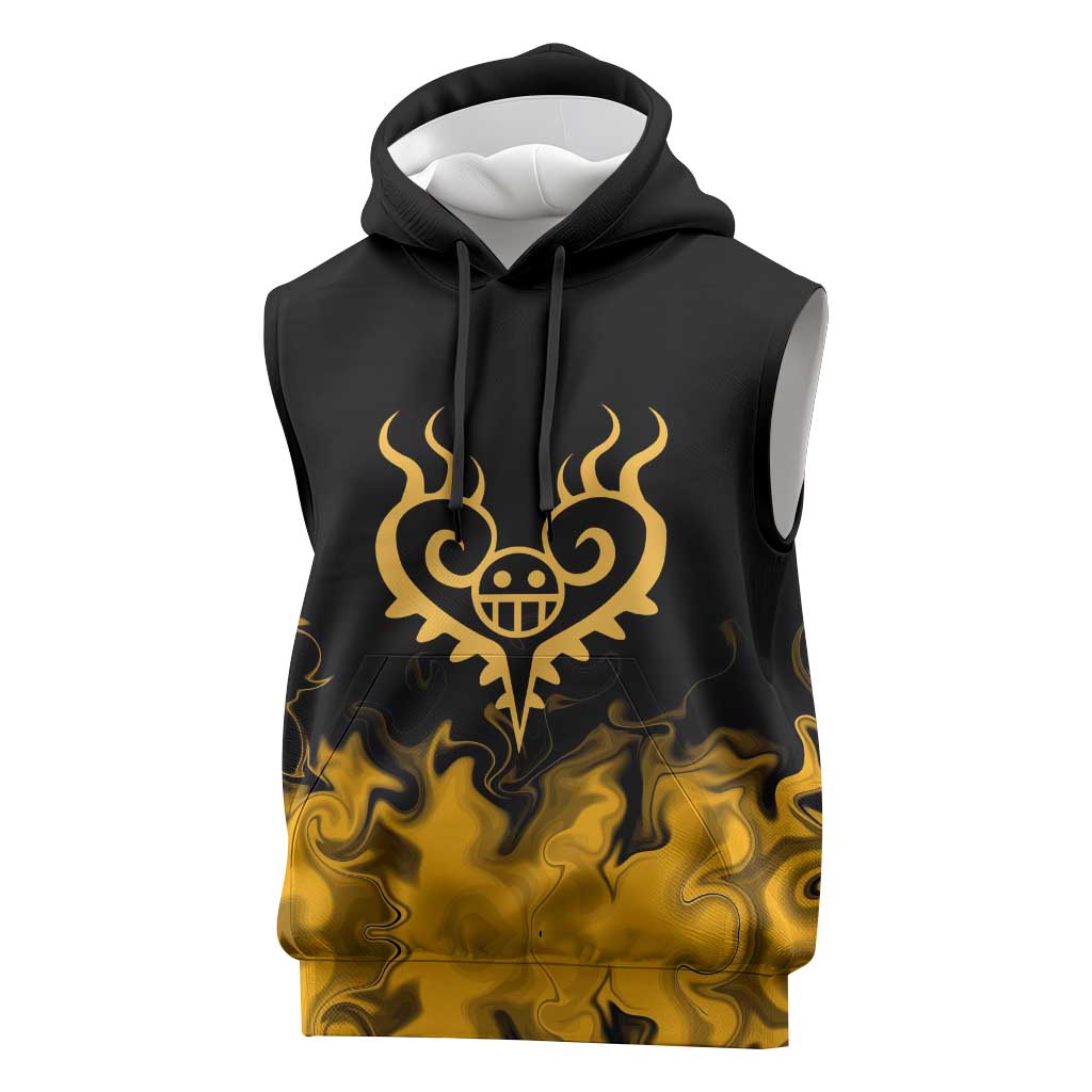 Trafalgar D. Law One Piece Black and Yellow Theme Sleeveless Hoodie with Heart Pirates Symbol and Flame Pattern Design - The Mazicc