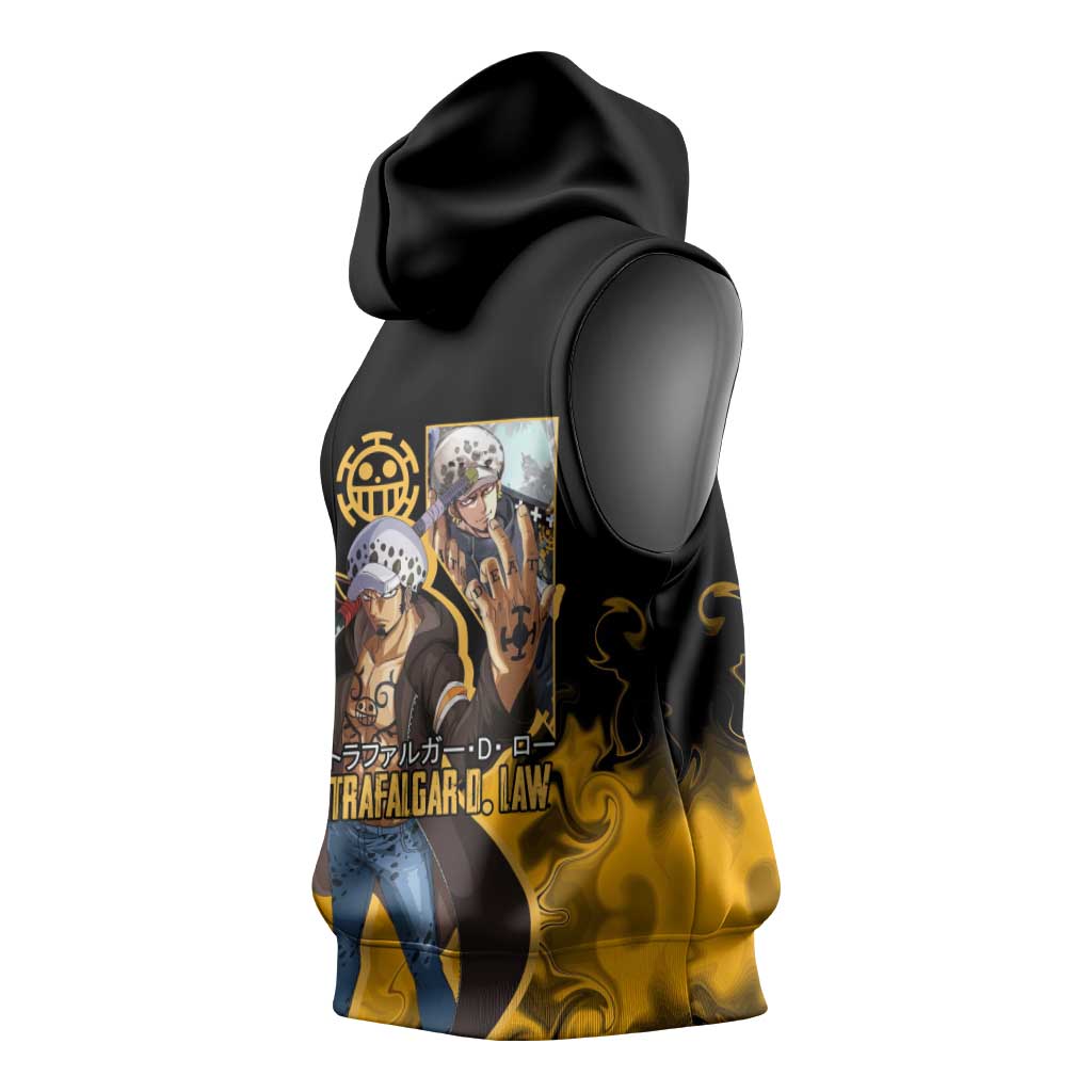 Trafalgar D. Law One Piece Black and Yellow Theme Sleeveless Hoodie with Heart Pirates Symbol and Flame Pattern Design - The Mazicc