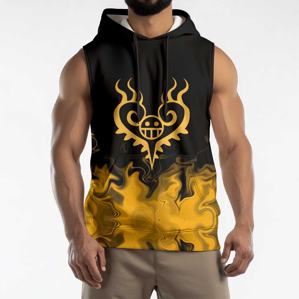 Trafalgar D. Law One Piece Black and Yellow Theme Sleeveless Hoodie with Heart Pirates Symbol and Flame Pattern Design - The Mazicc
