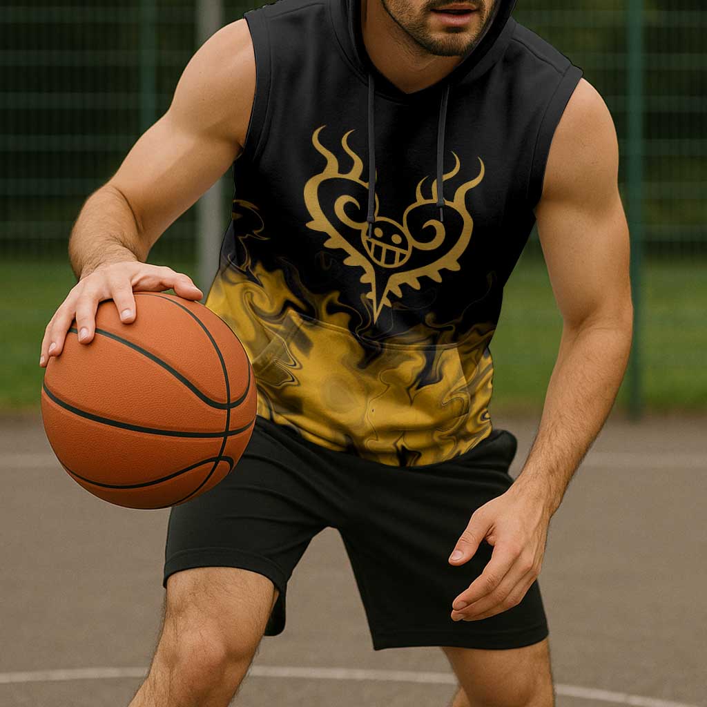 Trafalgar D. Law One Piece Black and Yellow Theme Sleeveless Hoodie with Heart Pirates Symbol and Flame Pattern Design - The Mazicc