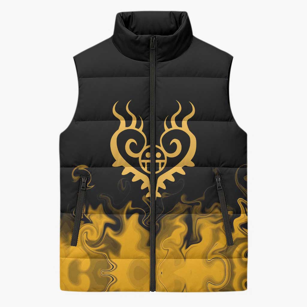 Trafalgar D. Law One Piece Black and Yellow Theme Sleeveless Puffer Jacket with Heart Pirates Symbol and Flame Pattern Design - The Mazicc