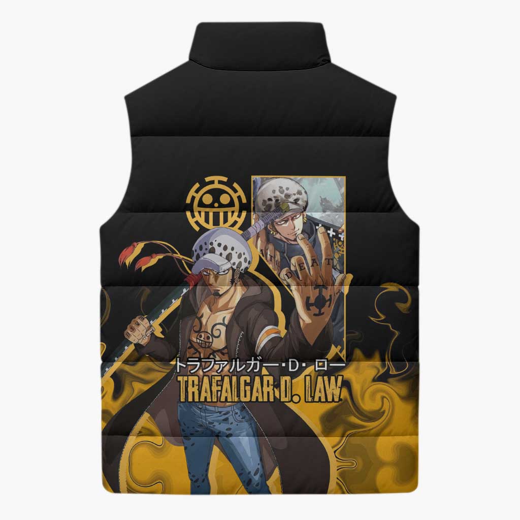 Trafalgar D. Law One Piece Black and Yellow Theme Sleeveless Puffer Jacket with Heart Pirates Symbol and Flame Pattern Design - The Mazicc