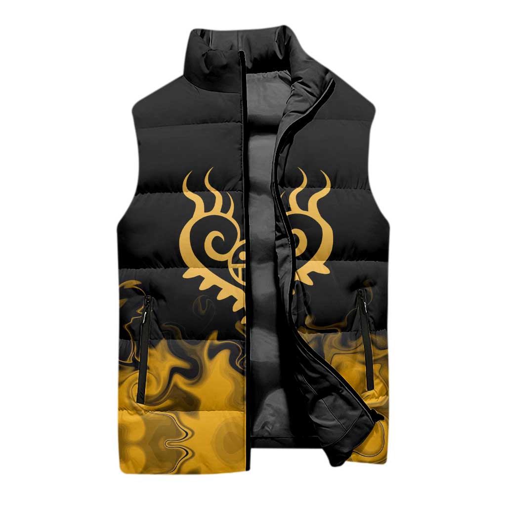 Trafalgar D. Law One Piece Black and Yellow Theme Sleeveless Puffer Jacket with Heart Pirates Symbol and Flame Pattern Design - The Mazicc
