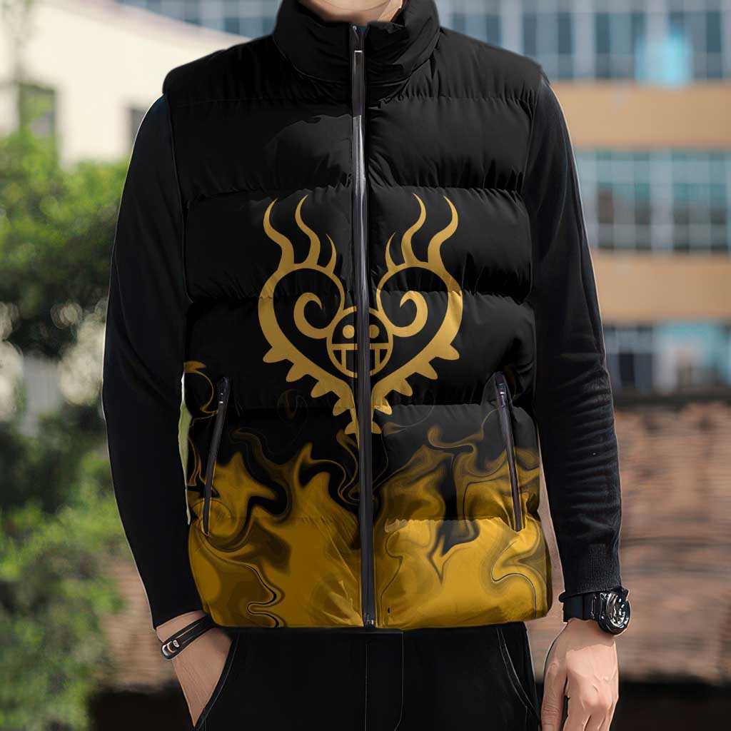 Trafalgar D. Law One Piece Black and Yellow Theme Sleeveless Puffer Jacket with Heart Pirates Symbol and Flame Pattern Design - The Mazicc