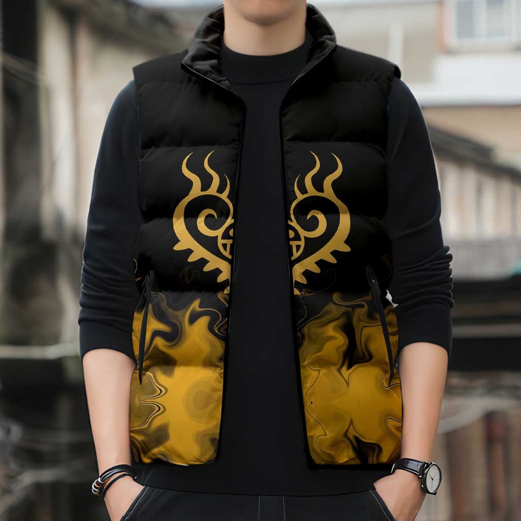Trafalgar D. Law One Piece Black and Yellow Theme Sleeveless Puffer Jacket with Heart Pirates Symbol and Flame Pattern Design - The Mazicc