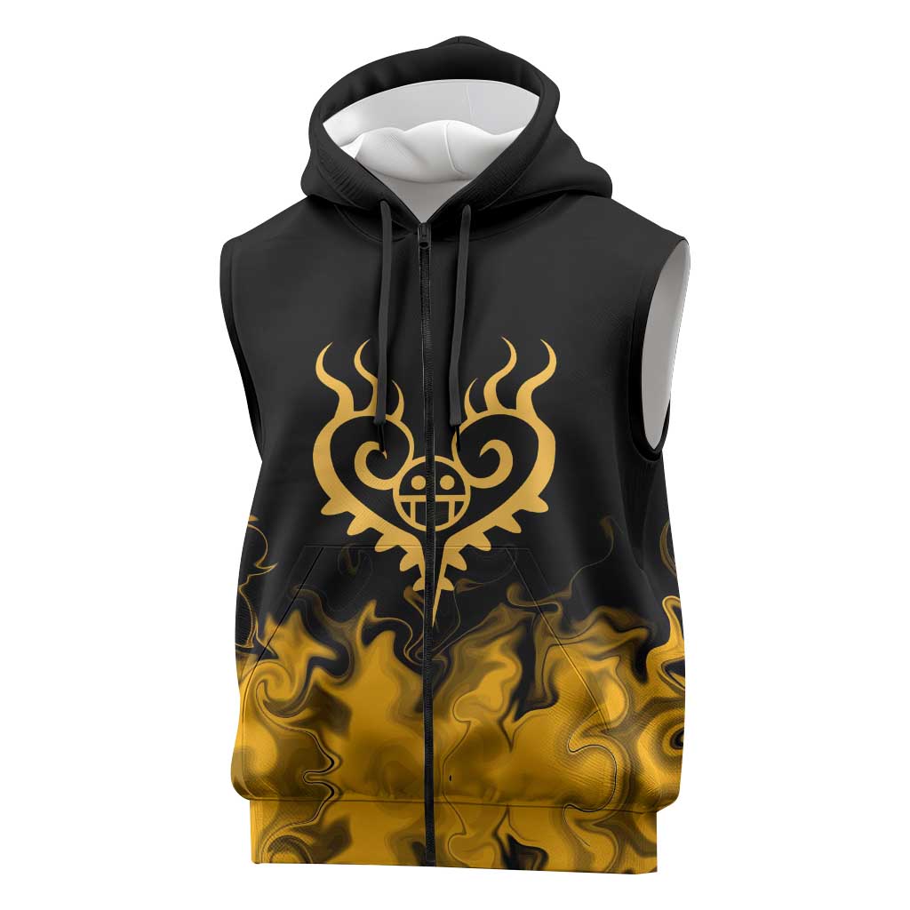 Trafalgar D. Law One Piece Black and Yellow Theme Sleeveless Zip Hoodie with Heart Pirates Symbol and Flame Pattern Design - The Mazicc