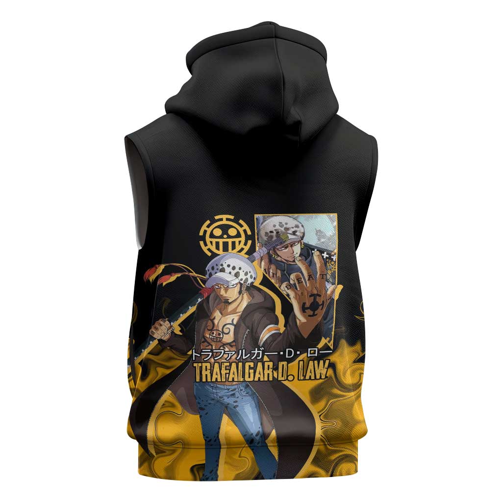 Trafalgar D. Law One Piece Black and Yellow Theme Sleeveless Zip Hoodie with Heart Pirates Symbol and Flame Pattern Design - The Mazicc