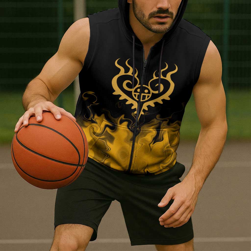 Trafalgar D. Law One Piece Black and Yellow Theme Sleeveless Zip Hoodie with Heart Pirates Symbol and Flame Pattern Design - The Mazicc