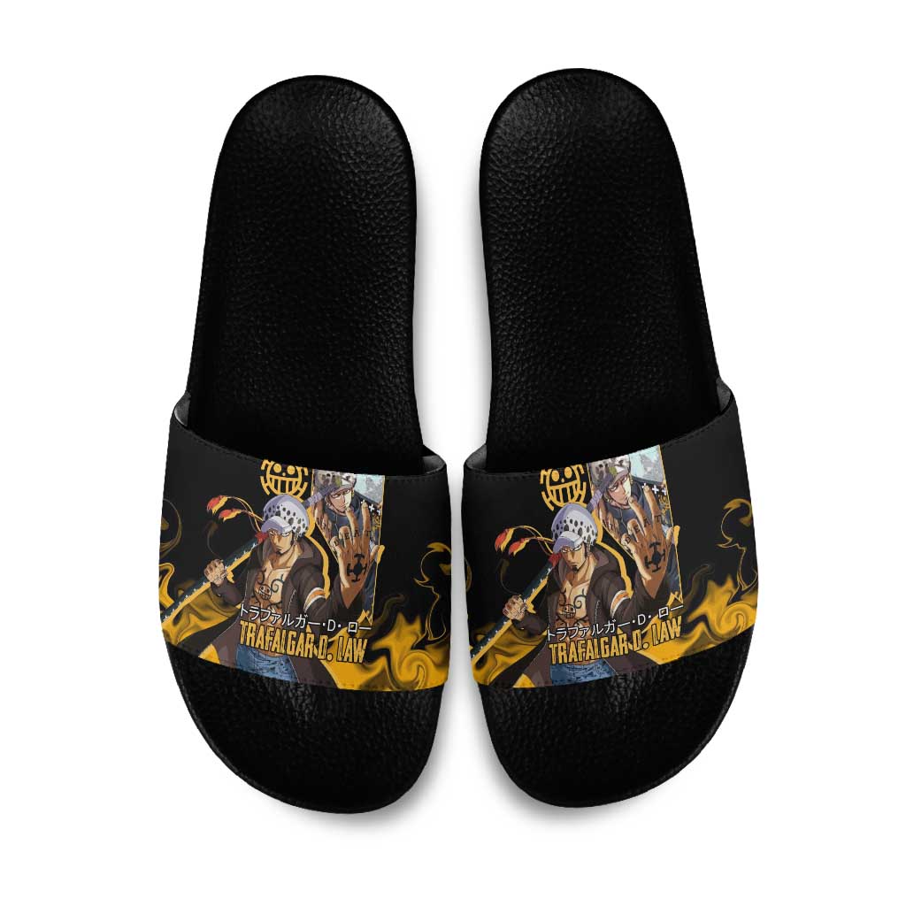 Trafalgar D. Law One Piece Black and Yellow Theme Slide Sandals with Heart Pirates Symbol and Flame Pattern Design - The Mazicc