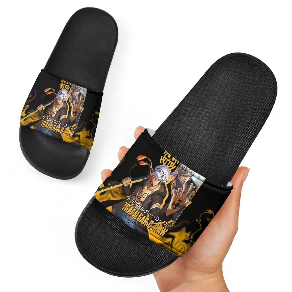 Trafalgar D. Law One Piece Black and Yellow Theme Slide Sandals with Heart Pirates Symbol and Flame Pattern Design - The Mazicc