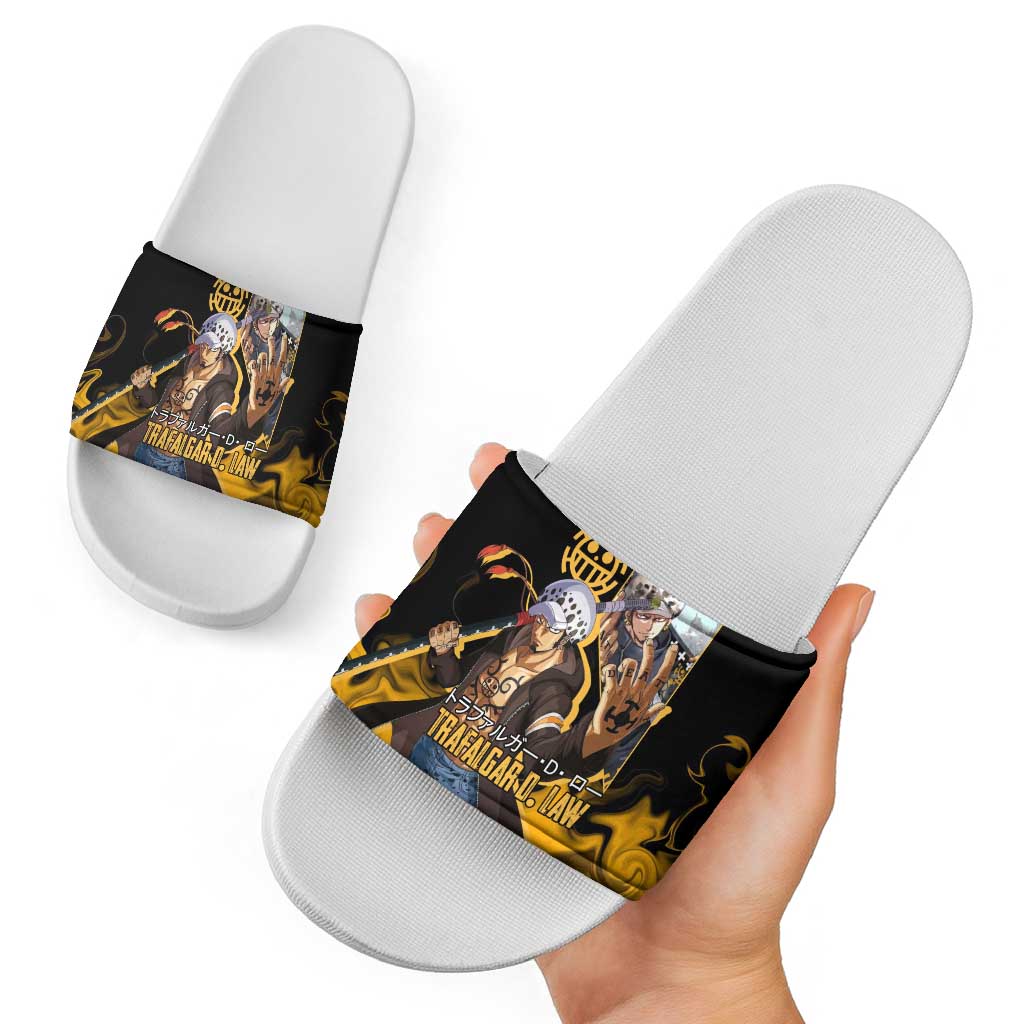 Trafalgar D. Law One Piece Black and Yellow Theme Slide Sandals with Heart Pirates Symbol and Flame Pattern Design - The Mazicc