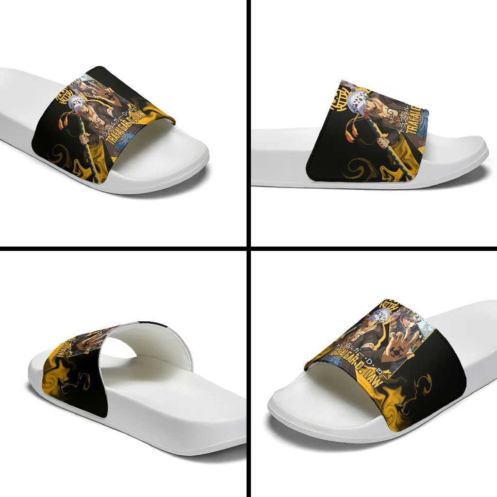 Trafalgar D. Law One Piece Black and Yellow Theme Slide Sandals with Heart Pirates Symbol and Flame Pattern Design - The Mazicc