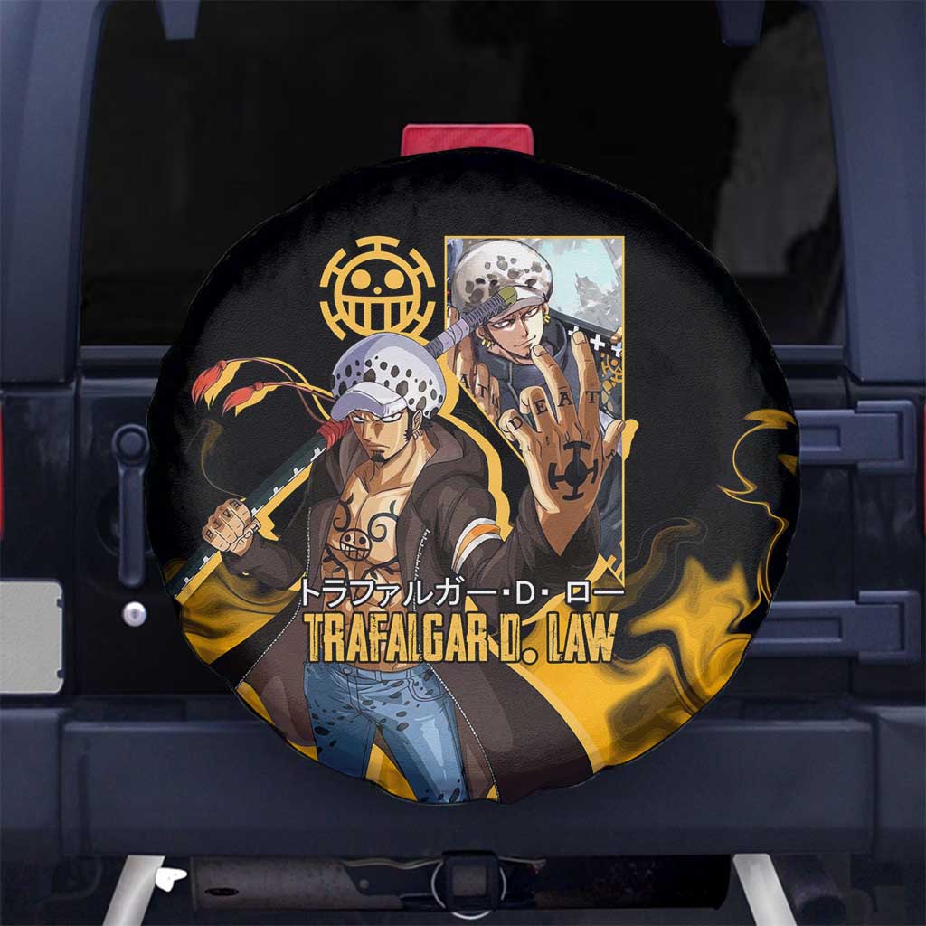Trafalgar D. Law One Piece Black and Yellow Theme Spare Tire Cover with Heart Pirates Symbol and Flame Pattern Design - The Mazicc
