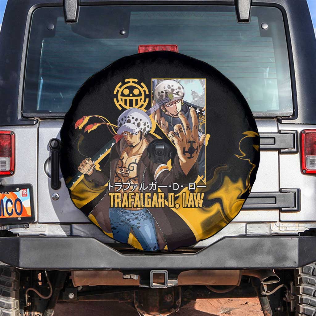 Trafalgar D. Law One Piece Black and Yellow Theme Spare Tire Cover with Heart Pirates Symbol and Flame Pattern Design - The Mazicc